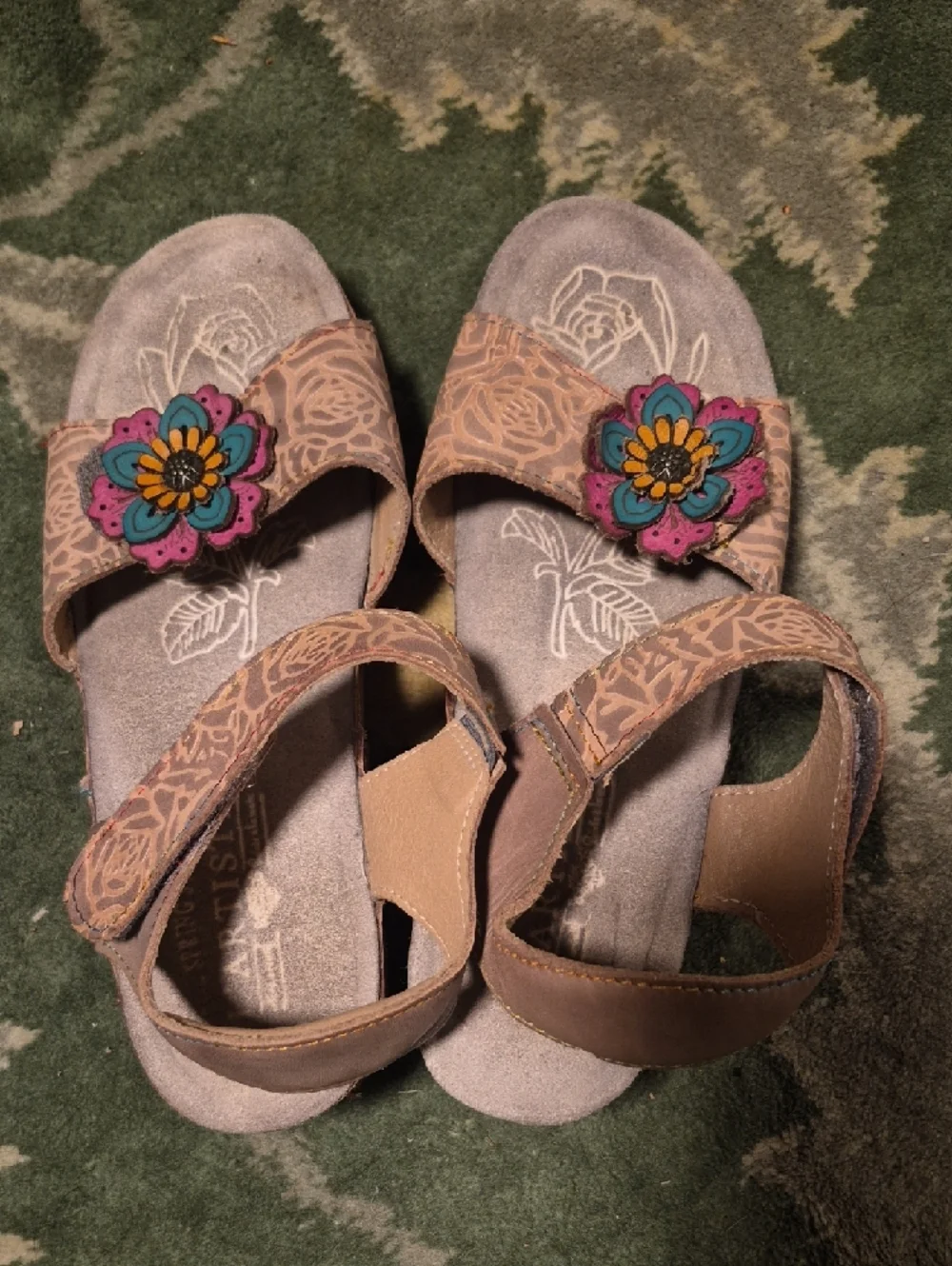 Patricia Nash Tan Sandals with Multicolor Floral Appliques